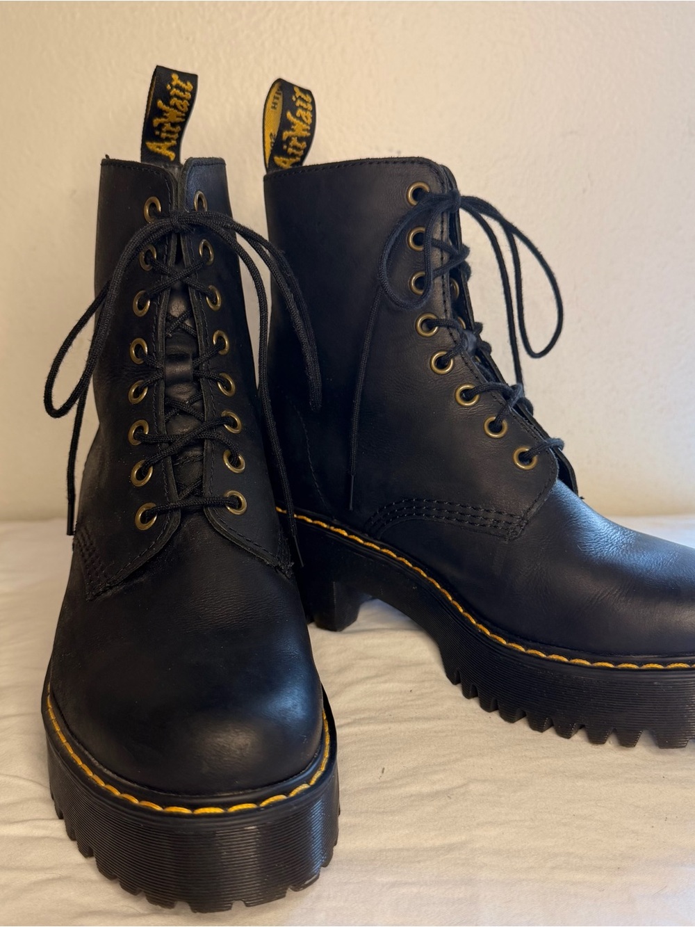 Dr. Martens Black Leather Lug-Sole Lace-Up Boots with Yellow Stitching